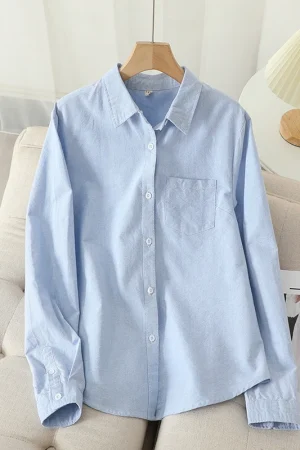 Casual Cotton Women's Oxford Shirt 2024 Autumn New Good Quality Woman Blouse and Tops Lady White Blue Striped Shirts Clothes