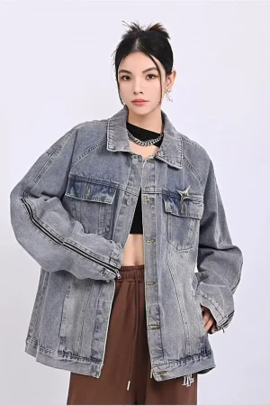 Vintage style fringed washed denim jacket, new spring and autumn loose vintage workwear, lapel jacket