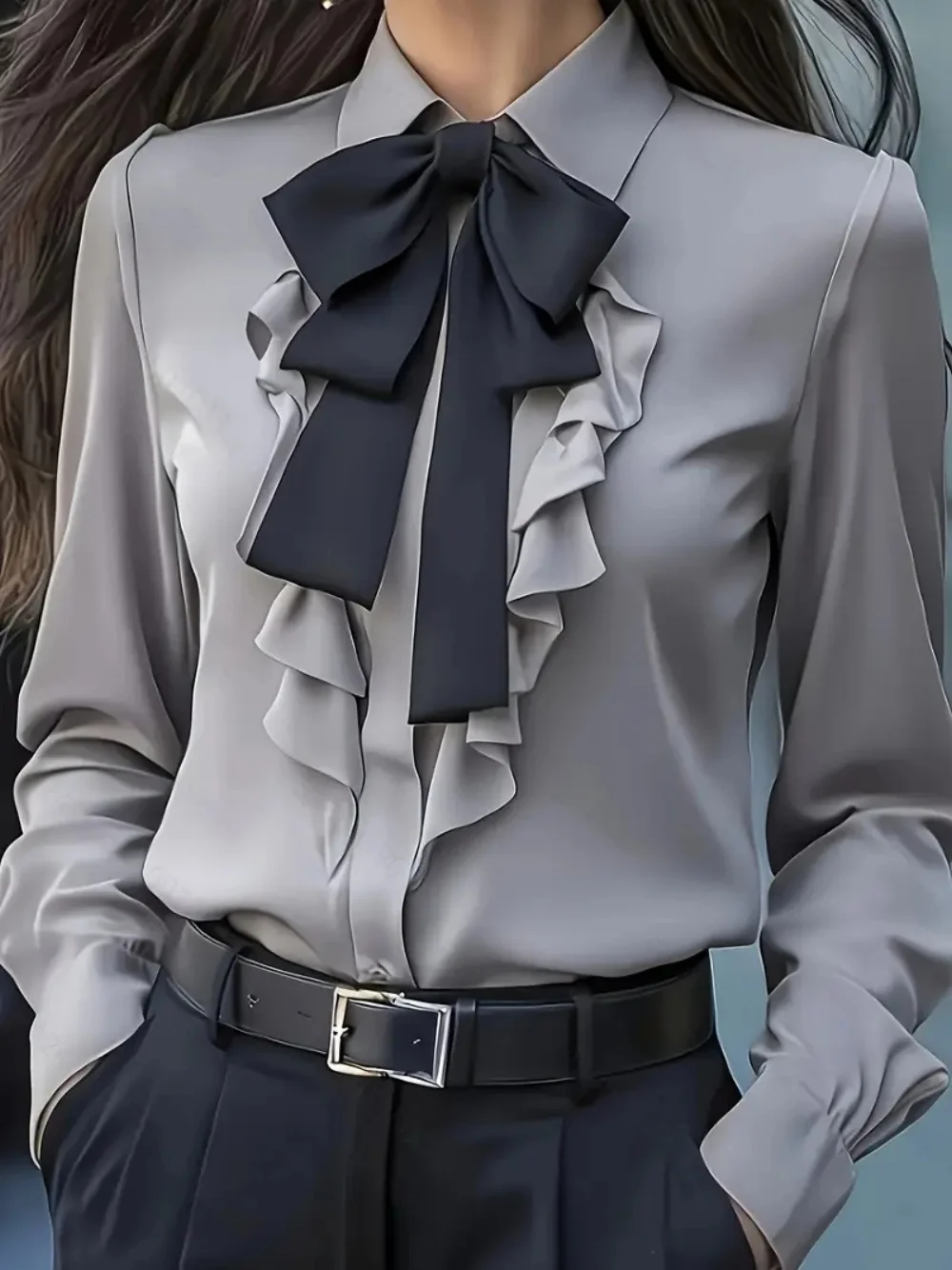Women's Formal Shirt Collar Bow Tie Ruffles Long Sleeve Blouse - Image 2