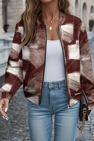 Women's Faux Denim Jacket, Patchwork Print Design, Casual Zip-Up Style, Spring Autumn Lightweight Coat not denim