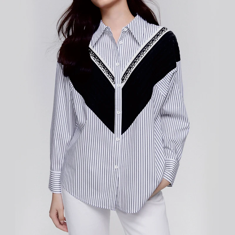 2025 Women's Shirt High-End Elegant Commuting Office Women's Shirt with Patchwork Stripes Loose Casual Ladies Fashion Shirts - Image 6
