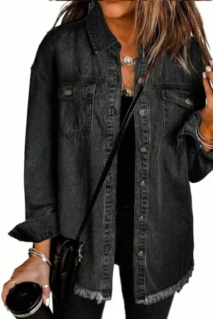 Women's Loose Black Denim Jacket with Frayed Hem and Button Front