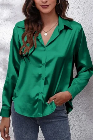 Spring satin female loose button-up shirt, women's imitation silk solid-color long-sleeved shirt, DF4972