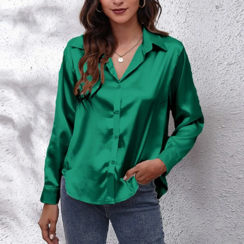 Spring satin female loose button-up shirt, women's imitation silk solid-color long-sleeved shirt, DF4972