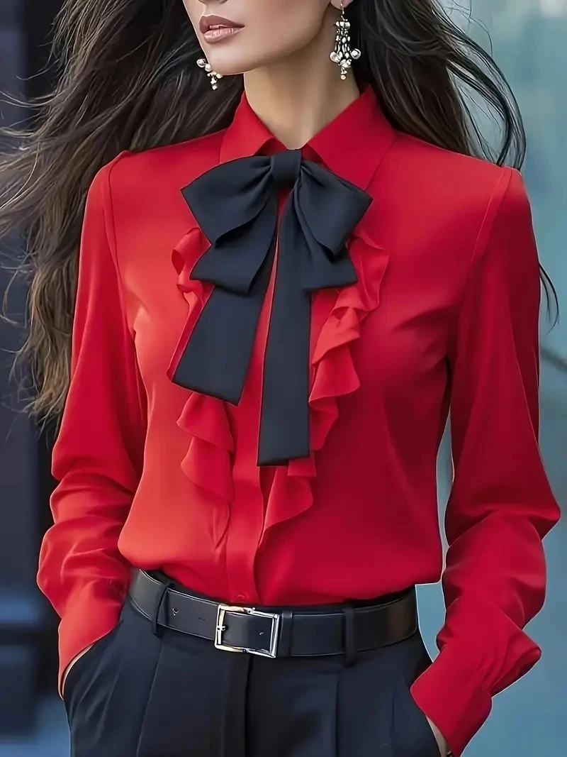 Women's Formal Shirt Collar Bow Tie Ruffles Long Sleeve Blouse
