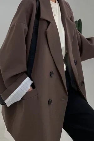 New 2025 Vintage Loose Women Solid Blazer Autumn Chic Double Breasted Female Long Sleeve Suit Jackets Stylish Ladies Blazers