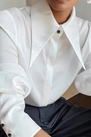 Fashion Vintage Satin Silk Shirt Women Elegant Turn Down Collar Women Blouse White Long Sleeve Ladies Shirts Tops Blusas 16946