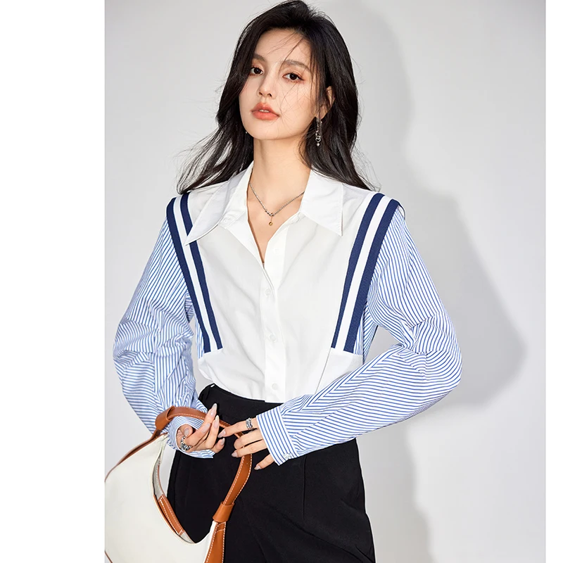 French Elegant Office Lady Shirt Female 2024 Spring Striped Contrasting Color Long-Sleeved Temperament Slim Top Fashion Blouse - Image 2